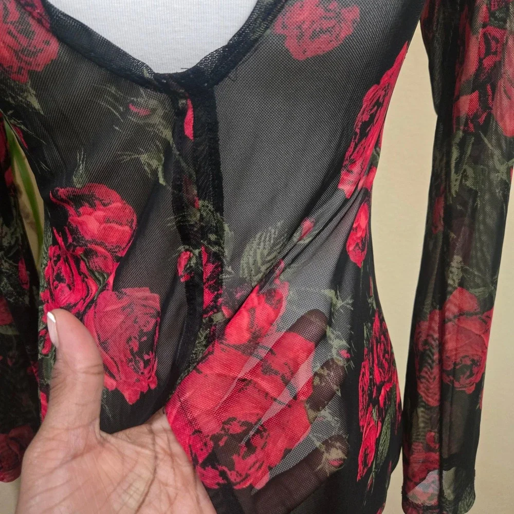 Love Tree Mesh Duster Cardigan Small Dark Floral Sheer Rose Goth Romantic Layer - Picture 8 of 12
